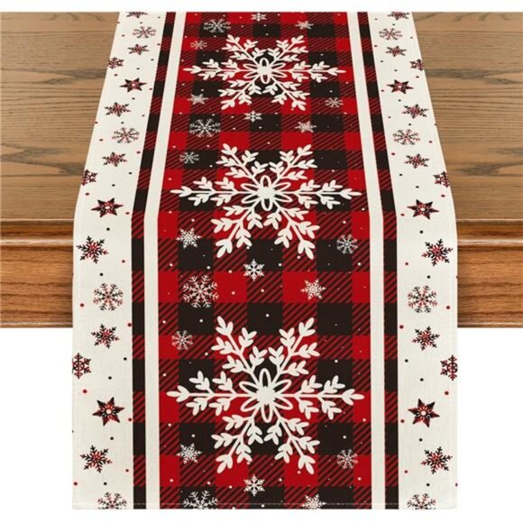 Buffalo Plaid Snowflake Christmas Table Runner - 13x72 Inch Winter Table Decor‎ - Picture 1 of 7